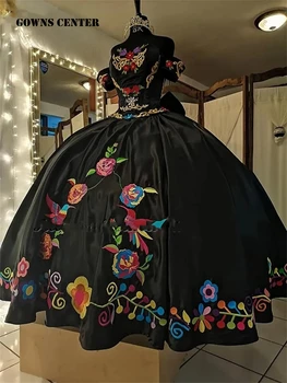 2023 מקסיקני שחור קרו רקמה הטקס השמלות הכתף vestidos דה-15 anos בהזמנה אישית 16 XV שמלות לנשף