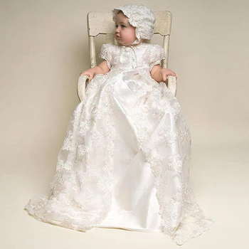 2023 תחרה שמלת ילדה תינוק לטבילה ארוכה שמלה, כובע להגדיר הטקס שמלות ילדה תינוק הטבילה תלבושות שמלת מסיבת יום הולדת