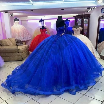 ANGELSBRIDEP יוקרה קריסטל כחול רויאל הטקס שמלות 3D פרח אפליקציה הנסיכה מסיבת יום הולדת Vestidos דה-15 שנים מחוך