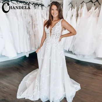 CHANDELA עדין שמלות חתונה קו A בלי שרוולים סקופ רשמית 2023 שמלת כלה Vestido De Casamento בהתאמה אישית לנשים