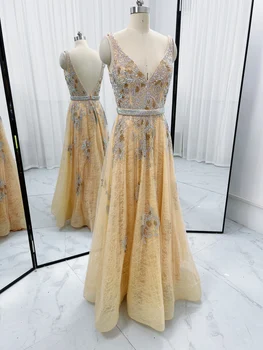 CloverBridal תמונות אמיתיות בכבדות חרוזים שמלת ערב שמפניה מחשוף V עמוק קו בתוספת גודל vestidos דה פיאסטה M010