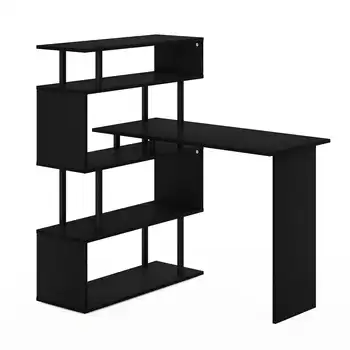 Furinno מור L-צורה שולחן מחשב עם 5 קומות של מדפים, אמריקנו/שחור