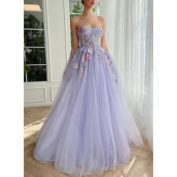 LAIDITYA הדפס פרחוני שמלת הנשף אופנה סטרפלס 3D פרחים אפליקציות אורך רצפת קו שמלות ערב אלגנטיות שמלת מסיבת
