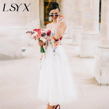 LSYX Culourful אפליקציות טול קו A בלי שרוולים שמלת כלה לנשים תחרה עד בחזרה קרסול אורך שמלת כלה בהזמנה אישית