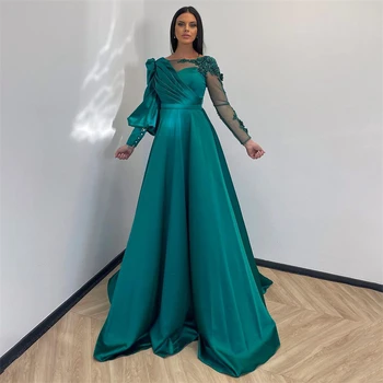 Nersesyan ירוק תחרה, אפליקציות ערב רשמי שמלה מלאה שרוולים סאטן קפלים קו שמלות לנשף נצנצים אלגנטיים, שמלות צד