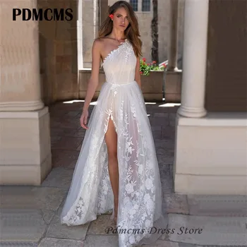 PDMCMS בוהו כתף אחת שמלות חתונה קו A אפליקציות שמלות כלה חרך אשליה תחרה ללא שרוולים מחשוף גב החלוק de mariée