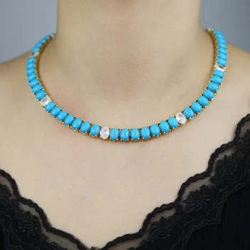 Sdzstone באיכות גבוהה סגלגל כחול Turquoises טניס שרשרת קולר שרשרת לנשים קלאסי יוקרה נקבה תכשיטים
