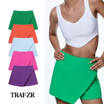 TRAF ZR נשים מכנסיים קצרים Y2k משרד ליידי חצאית מכנסיים קצרים לקיץ 2023 גבוהה המותניים ממתקים צבע מזדמנים סימטרי חצאית מכנסיים