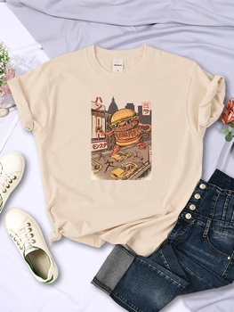 Ukiyo-E יפן סגנון Burgerzilla נשים חולצות היפ הופ מזדמן ברחוב שרוול קצר יצירתיות צמרות אופנה נשית טי בגדים