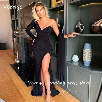 Verngo סקסי נשים שחורות שמלות ערב כתף אחת שרוול ארוך פיצול קפלים ערבית שמלות לנשף ערב מסיבת שמלה לאירוע
