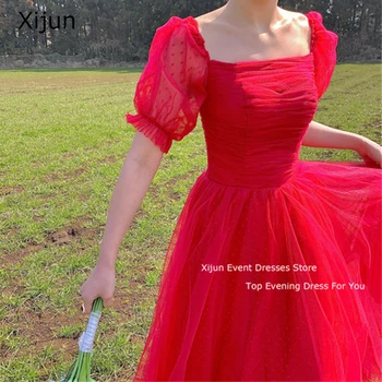 Xijun אדום אורגנזה זמן שמלות חתונה קו A-פאף שרוולים שמלות לנשף באורך רצפת שמלות ערב רשמית מפלגה שמלות Vestidos