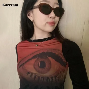 Y2k אסתטיקה גזורה E-ילדה פיות גראנג להדפיס חולצה 2000 Harajuku סלים חולצה קוריאני אופנה בגדי מעצבים