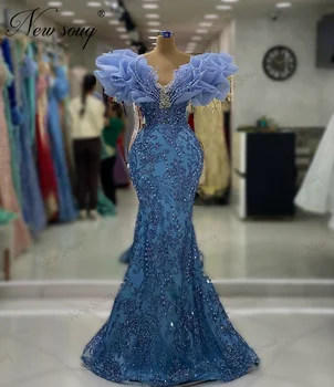 אופנה חדשה כחול חרוזים שמלות ערב קפלים צוואר ארוך ים לנשים שמלת נשף 2023 דובאי גבישים צד שמלות לחתונות