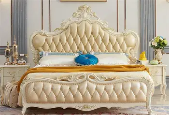 אירופאי יוקרתי עור אמיתי מיטה 1.8 מ ' מלא עץ מלא מגולף כפול מיטת הכלולות הנסיכה המיטה אמן צרפתי מצעים אלון המיטה