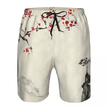 איש בגדי ים יפני דיו ציור סאקורה והרים לשחות מכנסיים קצרים בגד ים חוף לוח מכנסיים קצרים Mens שחייה בגדי ים