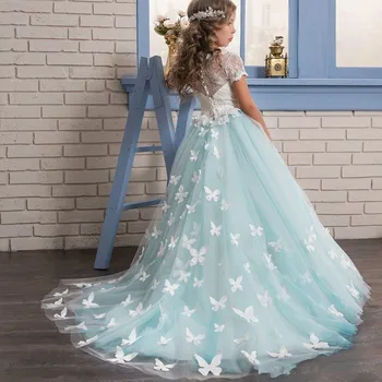 אלגנטיות פרח ילדה שמלות פרפר אפליקציה הטקס הראשון מסיבת נשף נסיכת שמלת שושבינה עם הרכבת רשמי פעילות