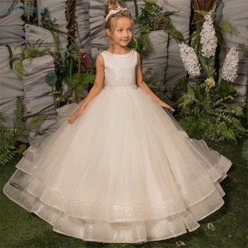 אלגנטית נסיכה קטנה ילדה פרח שמלת התחרה טול קשת אפליקציות שמלות נשף התחרות שמלות לחתונות הטקס הראשון ללבוש.