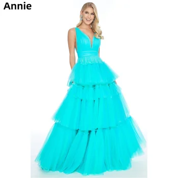 אנני מעולה V-Multi-layer הנשף Dressess אור כחול קוקטייל אישית שמלת ערב קו החלוק فساتين سهره فاخره