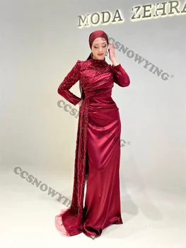 בורדו סאטן אפליקציות המוסלמים שמלות ערב שרוול ארוך האסלאמית חיג ' אב רשמית מפלגה שמלת נשים ערבית דובאי החלוק דה נשף