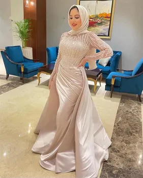 דובאי שרוולים ארוכים המוסלמים שמלת ערב בתולת ים סאטן חרוזים שמלות אלגנטיות חתונה מסיבה ערב שמלות ערבית טורקיה vestido
