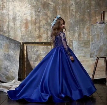 חיל הים כחול פרח שמלת ילדה עם רכבת ארוכות בנות נסיכת חתונה, מסיבת יום הולדת אופנה וינטג ילדים הטקס הראשון שמלת נשף