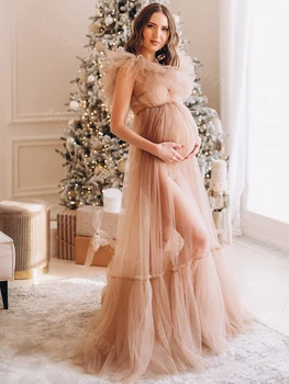טול ארוך שרוולים שמלת הנשף V צוואר שמלות הריון עבור פוטושוט כלה הלבשה תחתונה הריון שמלות עבור להולדת התינוק