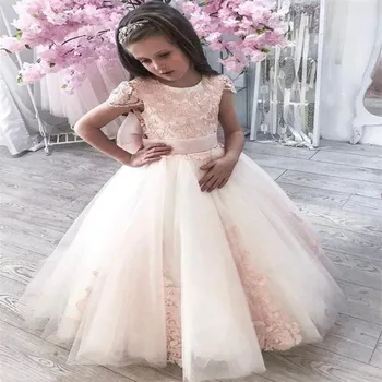 טול ורודה אפליקציות עם קשת פרח ילדה שמלות חתונה, מסיבת יום הולדת חמוד הפעוט הטקס הראשון בתחרות שמלות