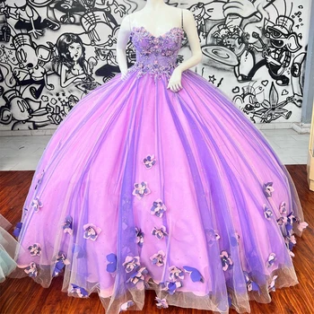 יוקרה סגול הנסיכה ספגטי רצועת הטקס שמלות 3D פרחים שמלת נשף שרוכים חרוזים מתוק 16 שמלות מלמלה vestido