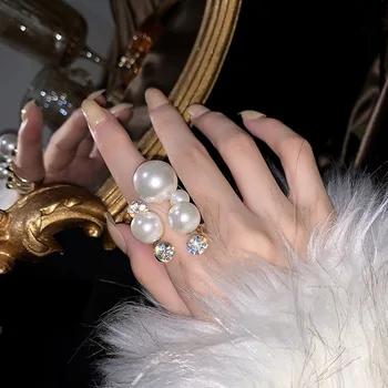 יוקרה פרל פתח האצבע טבעת גיאומטריות קריסטל טבעות לנשים יד תכשיטים