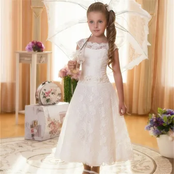 יפה לבן תחרה, פרח ילדה שמלות חתונה תה אורך שושבינה מסיבת נשף שמלת קודש שמלות קודש לילדים
