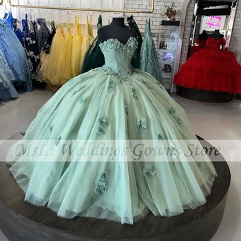ירוק חדש הטקס שמלות אפליקציות חרוזים נצנצים נסיכה שמלות נשף Vestidos דה-15 יום הולדתה המחוך מתוק 16 להתלבש