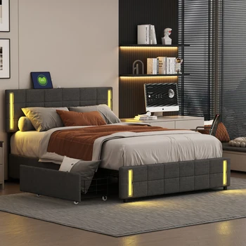 מיטת קווין סייז,מרופדים פלטפורמה מיטה עם נורות LED ו-USB טעינה,אחסון למיטה עם 4 מגירות נוחות המיטה בחדר השינה
