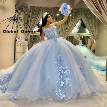 מקסיקו שמיים כחולים מתוקה שמלת נשף חרוזים 3D פרח הטקס שמלת נסיכה 16 15 יום ההולדת שמלות לנשף Vestidos דה