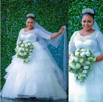 ניגריה סגנון בשכבות שמלות חתונה בקיץ תחרה העליון עם שרוול ארוך בתוספת גודל שמלות כלה טול שמלת נשף חתונה אפריקאי