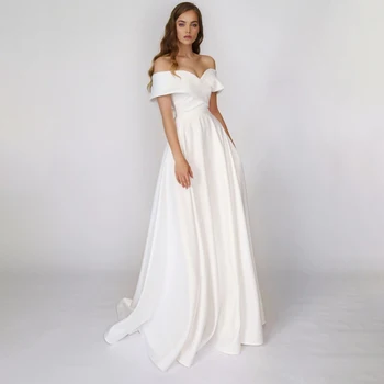 נסיכת סאטן את הכתף פשוט שמלות כלה קו קריס מינימליסטי לחצות את שמלת החתונה המדינה C החלוק דה Mariee הקיץ