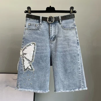 נשים מכנסיים קצרים 2023 קיץ חדש בגזרה גבוהה מסמר חרוזים פאייטים מכנסי ג ' ינס קצרים נקבה בגדים רזה אופנת רחוב מכנסונים יוקרתי דה Mujer