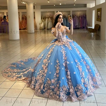 סגנון הנסיכה אור כחול תחרה פרחוניים 3D הטקס שמלה לבנות רכבת לטאטא מחוץ כתף לבוש רשמי עם קשת vestidos
