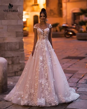 סקופ צוואר תחרה, אפליקציות נסיכת שמלות חתונה פלאפי שורה של נשים סדרה שמלות כלה Vestido De נוביה 2023