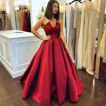 ערבית V-צוואר שמלות ערב אדום דובאי כדור שמלת נשף ארוכה נפוחה נשים בתוספת גודל רשמית סאטן שמלות ערב תחרה למעלה