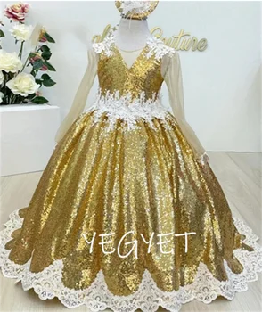 פאפי זהב כדור שמלת פרח ילדה שמלות שרוול ארוך ילדה שמלת נסיכת ילדה מסיבת חתונה שמלת ההתייחדות הראשונה