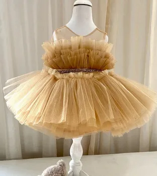 פלאפי חצאית מותאמת אישית צבע התינוק שמלת ילדה טהורה הצוואר כסף חרוזים הסרט פרח שמלת ילדה תינוק חצאית תלבושת