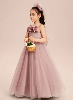 פרח שמלת ילדה פלאפי סאטן תחרה 3D אפליקציה ללא שרוולים חתונה פרח יפה ילד הטקס הראשון הולדת נשף שמלת מסיבת