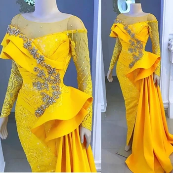 צהוב אסו עבי-אפריקה שמלות ערב בתולת ים שרוולים ארוכים תחרה חרוזים זמן דובאי הסעודית ערבית שחורות ערב שמלת נשף