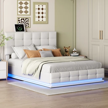 קווין סייז PU אחסון למיטה פלטפורמה למיטה עם הידראולי, מערכת אחסון,עם נורות LED ועם מטען USB, לבן