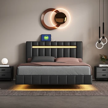 קווין סייז צף מסגרת מיטה עם נורות LED ו-USB לטעינה,מודרני מרופדים פלטפורמה LED מסגרת המיטה