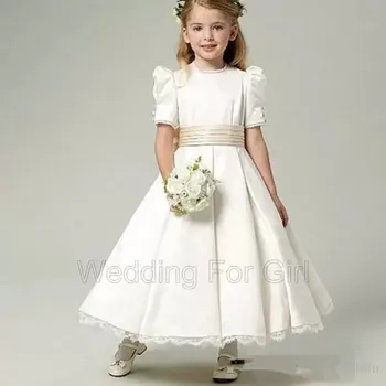 שנהב סאטן פרח ילדה שמלות חתונה ילדים כדור שמלת תחרה פנס שרוול באורך קרסול שמלת ההתייחדות הראשונה
